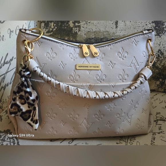 Adrienne Vittadini Taupe Marseille Embossed Hobo New With Twilly Charm - Picture 1 of 15